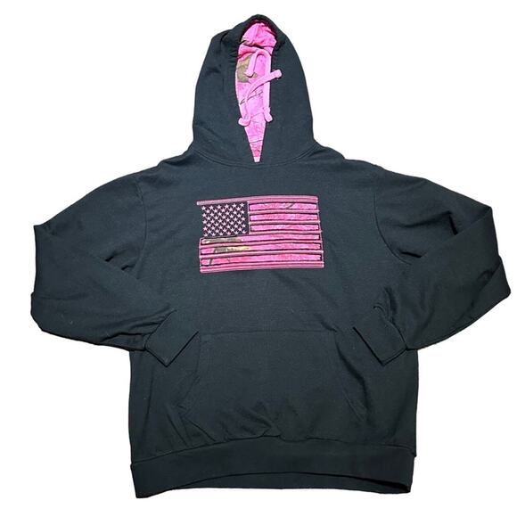 Realtree Women's Size Large Black Hoodie with Pink Camo Flag and Hood Lining - Picture 1 of 6